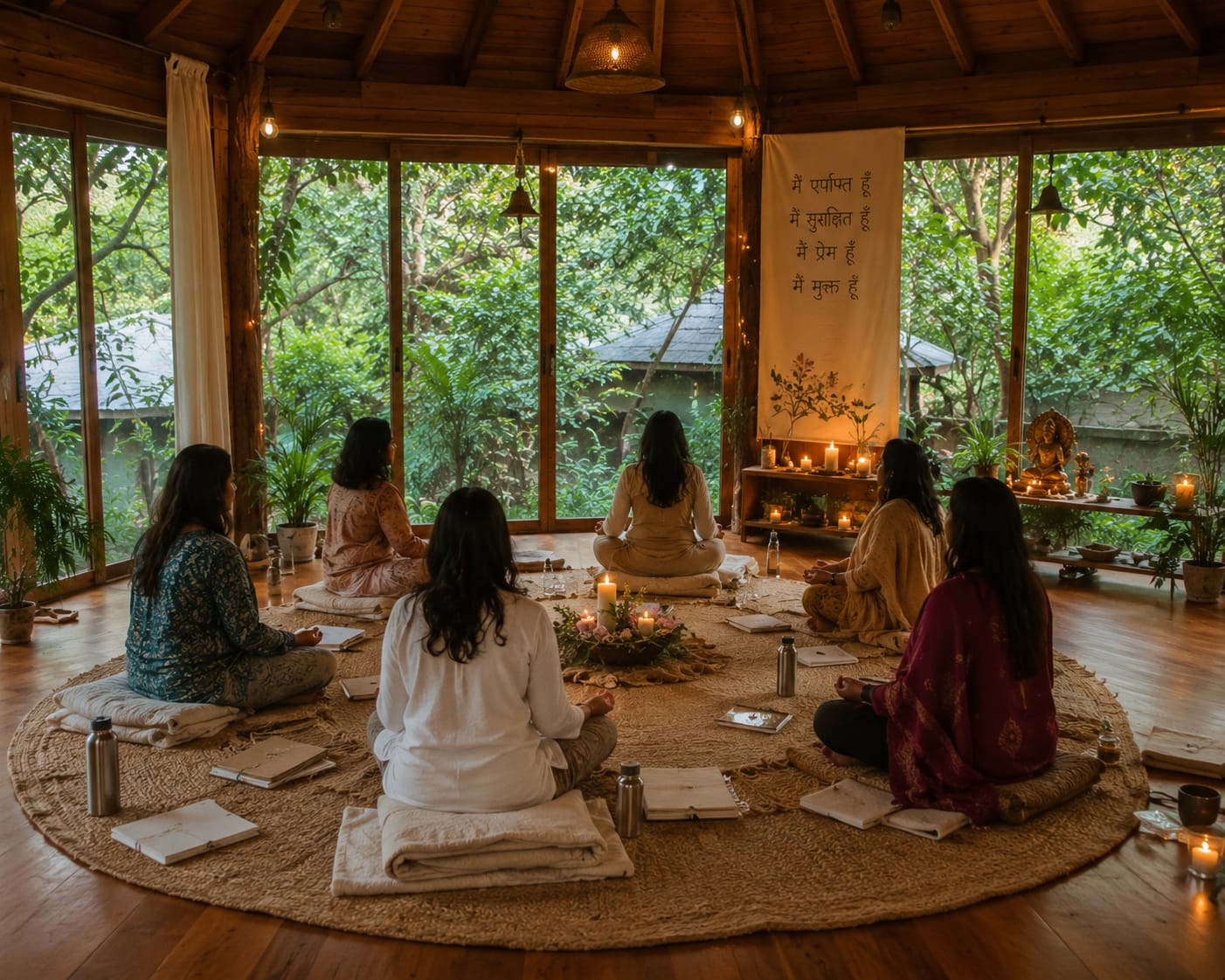 Women seated in a circle on a jute rug in a wooden pavilion, candles and journals between them